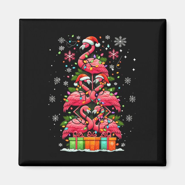 Flamingo Santa Hat Xmas Lights Christmas Tree Anim Magnet (Front)