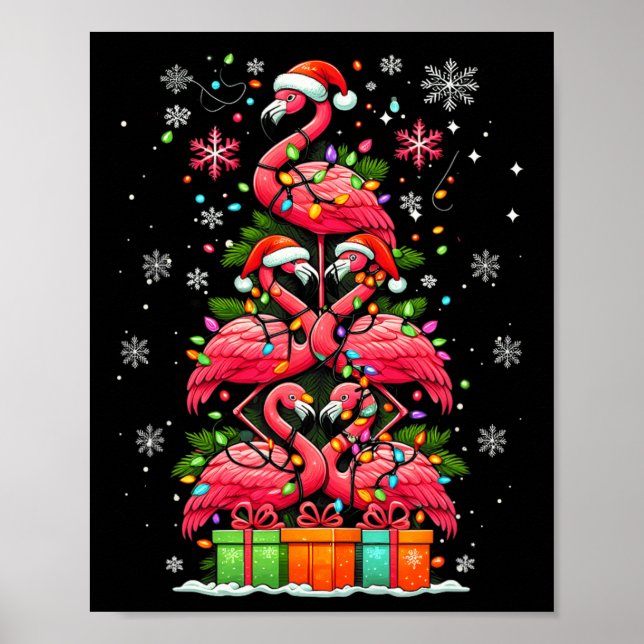 Flamingo Santa Hat Xmas Lights Christmas Tree Anim Poster (Front)