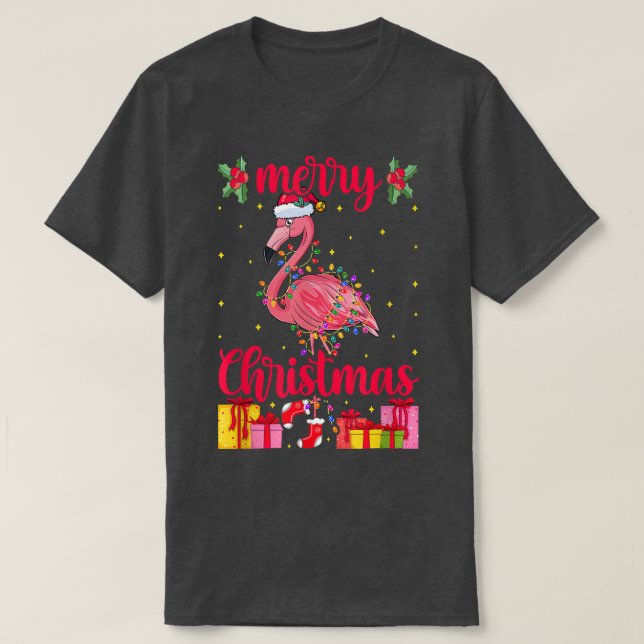 Flamingo Santa Hat Xmas Lights  Flamingo Lover Chr T-Shirt (Design Front)