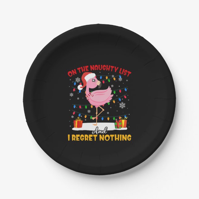 Flamingo | Santa Naughty List Flamingo Christmas Paper Plate (Front)