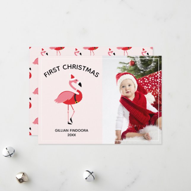 Flamingo Santa Photo Baby First Christmas Holiday Card (Front/Back In Situ)