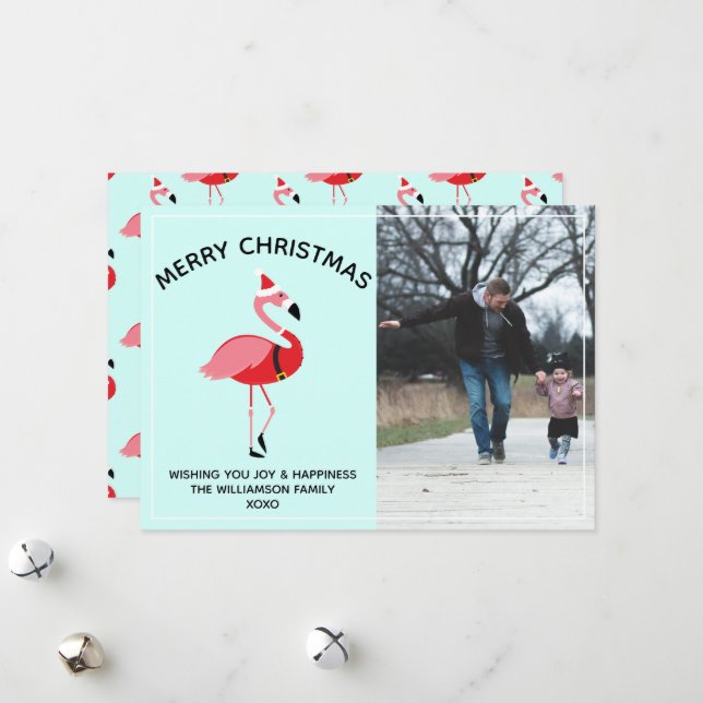 Flamingo Santa Photo Blue Christmas Holiday Card (Front/Back In Situ)