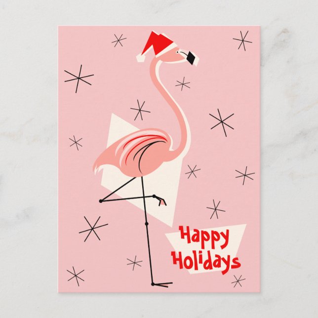 Flamingo Santa Pink Happy Holidays portrait Holiday Postcard (Front)