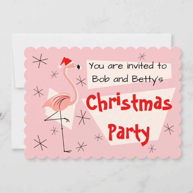 Flamingo Santa Pink scalloped horizontal Invitation (Front)