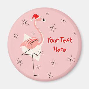 Flamingo Santa Pink Text magnet round