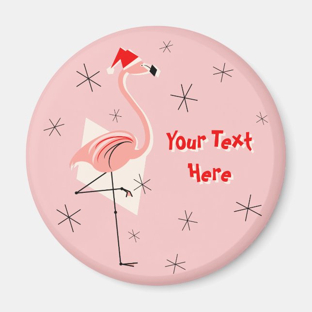 Flamingo Santa Pink Text magnet round (Front)