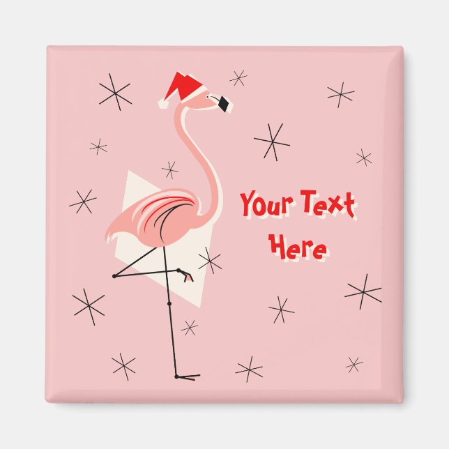 Flamingo Santa Pink Text magnet square (Front)