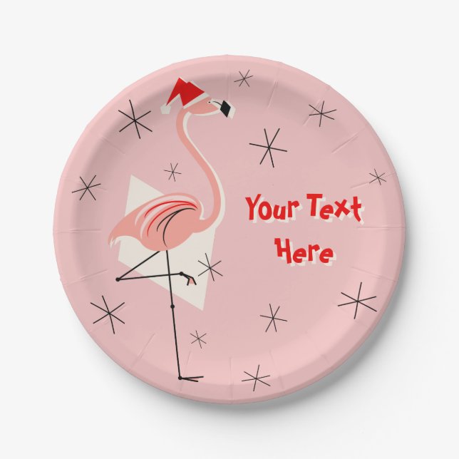 Flamingo Santa Pink Text paper plate (Front)