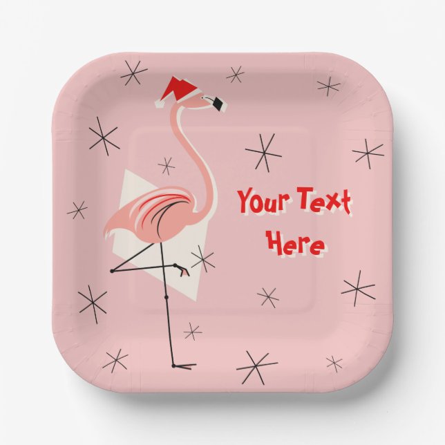 Flamingo Santa Pink Text square paper plate (Front)