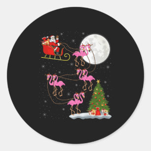Flamingo Santa Sleigh Flying Funny Magical Christm Classic Round Sticker