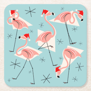 Flamingo Santas Blue coasters square