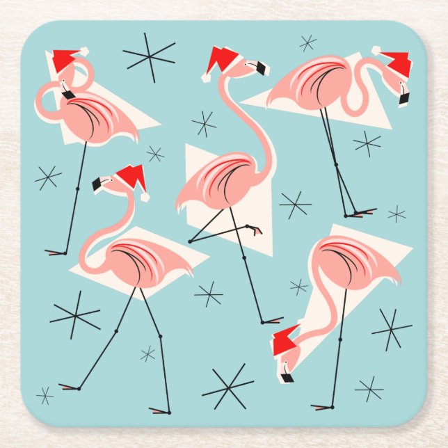 Flamingo Santas Blue coasters square (Front)