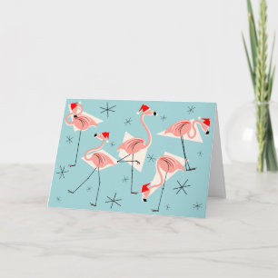 Flamingo Santas Blue Happy Holidays horizontal Holiday Card