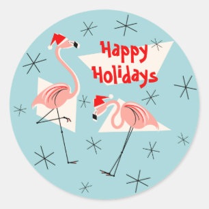 Flamingo Santas Blue Happy Holidays sticker round