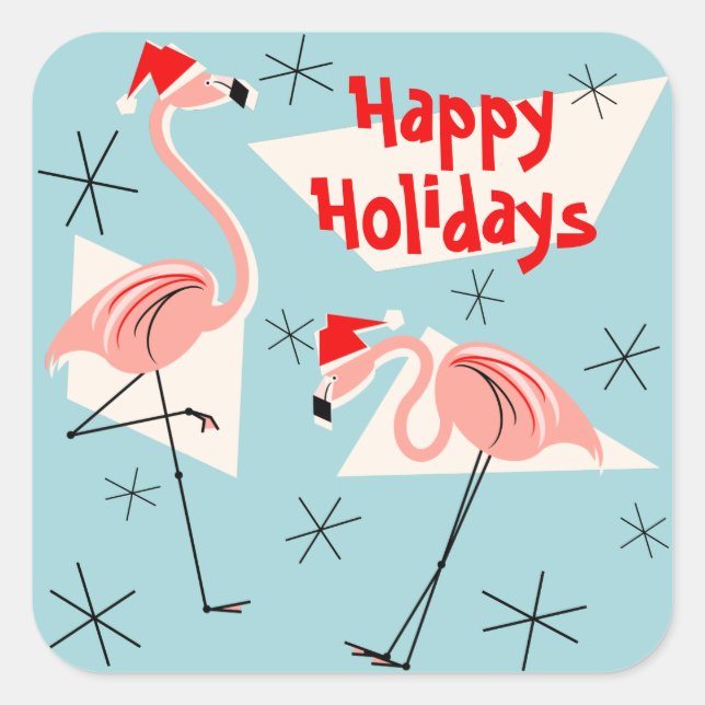 Flamingo Santas Blue Happy Holidays sticker square (Front)