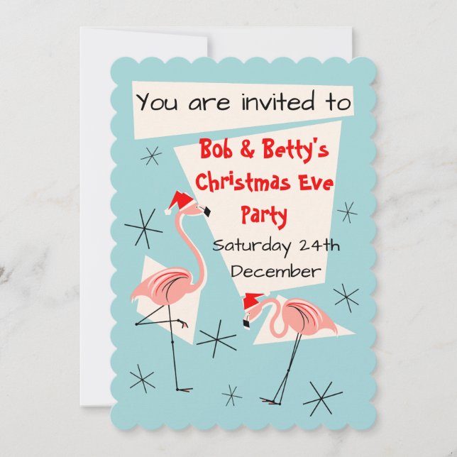 Flamingo Santas Blue invitation scalloped (Front)