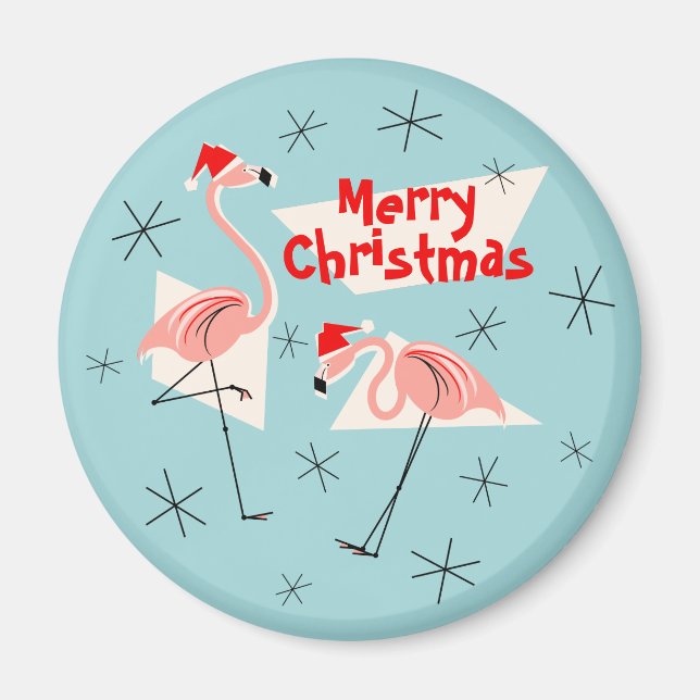 Flamingo Santas Blue Merry Christmas magnet round (Front)