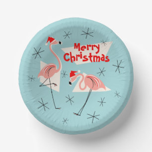 Flamingo Santas Blue Merry Christmas Paper Plate
