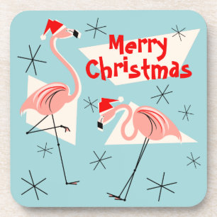 Flamingo Santas Blue Merry Christmas plastic Coaster