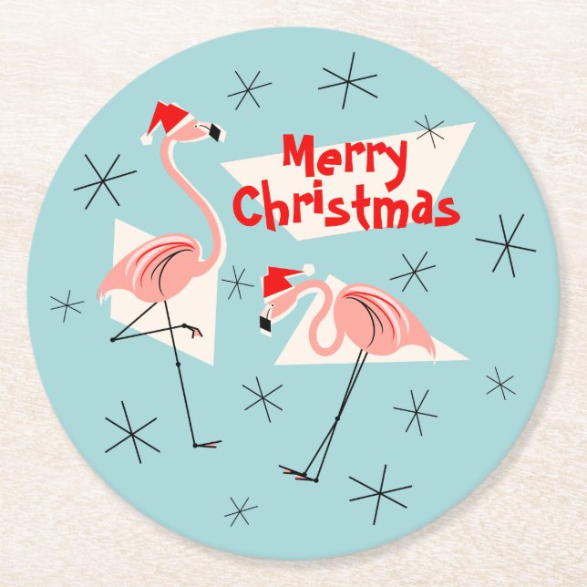 Flamingo Santas Blue Merry Christmas round Round Paper Coaster (Front)