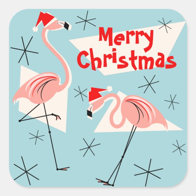 Flamingo Santas Blue Merry Christmas square Sticker (Front)