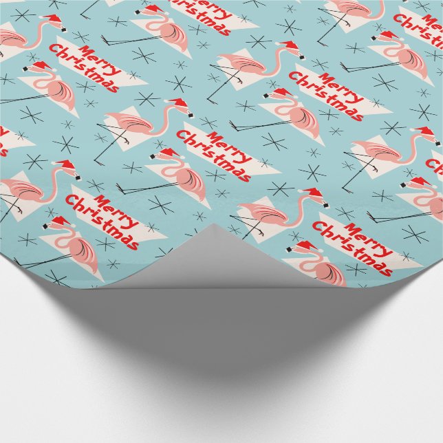 Flamingo Santas Blue Merry Christmas Wrapping Paper (Corner)
