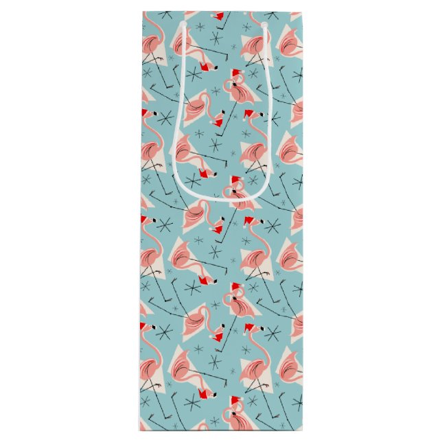 Flamingo Santas Blue Multi gift bag wine (Front)