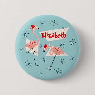 Flamingo Santas Blue Name button round
