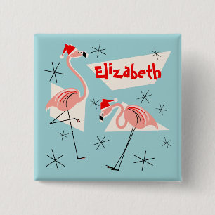 Flamingo Santas Blue Name button square
