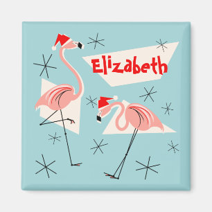 Flamingo Santas Blue Name magnet square