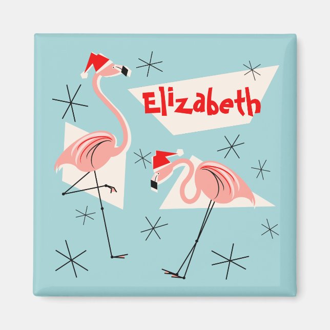 Flamingo Santas Blue Name magnet square (Front)