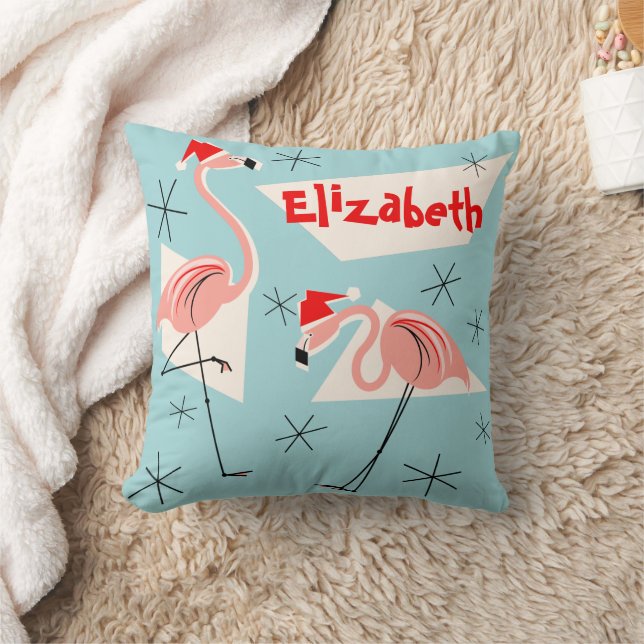 Flamingo Santas Blue Name square Cushion (Blanket)
