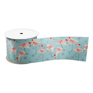 Flamingo Santas Blue ribbon satin Satin Ribbon
