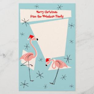 Flamingo Santas Blue Text stationery