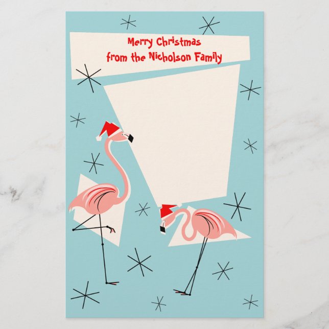 Flamingo Santas Blue Text stationery (Front)