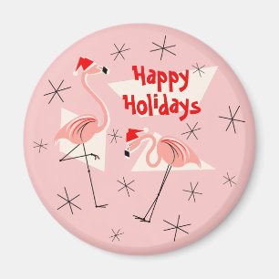 Flamingo Santas Pink Happy Holidays magnet round