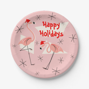 Flamingo Santas Pink Happy Holidays paper plate