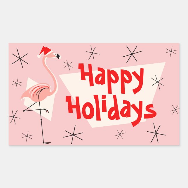 Flamingo Santas Pink Happy Holidays rectangle Rectangular Sticker (Front)