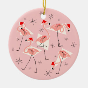 Flamingo Santas Pink Happy Holidays round Ceramic Ornament