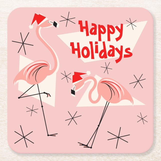 Flamingo Santas Pink Happy Holidays square Square Paper Coaster (Front)