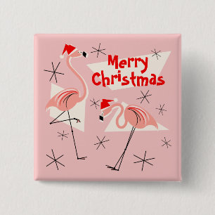 Flamingo Santas Pink Merry Christmas button square