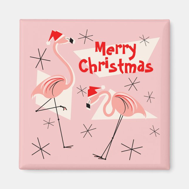 Flamingo Santas Pink Merry Christmas magnet square (Front)
