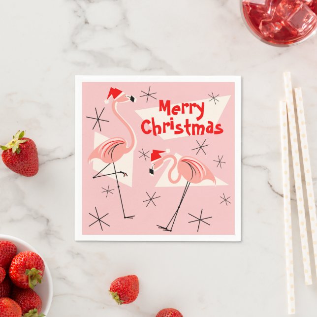 Flamingo Santas Pink Merry Christmas paper napkin (Insitu)