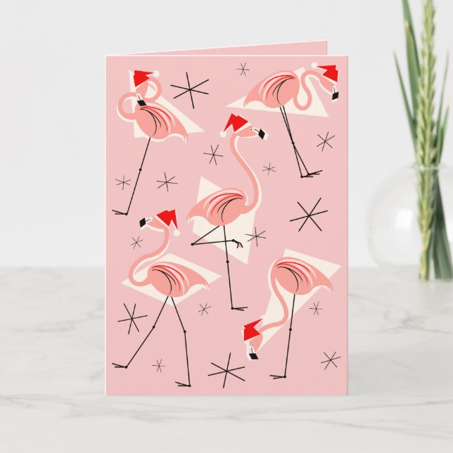 Flamingo Santas Pink Merry Christmas pink Holiday Card (Front)