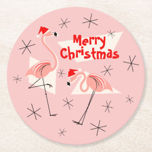 Flamingo Santas Pink Merry Christmas round Paper Coaster