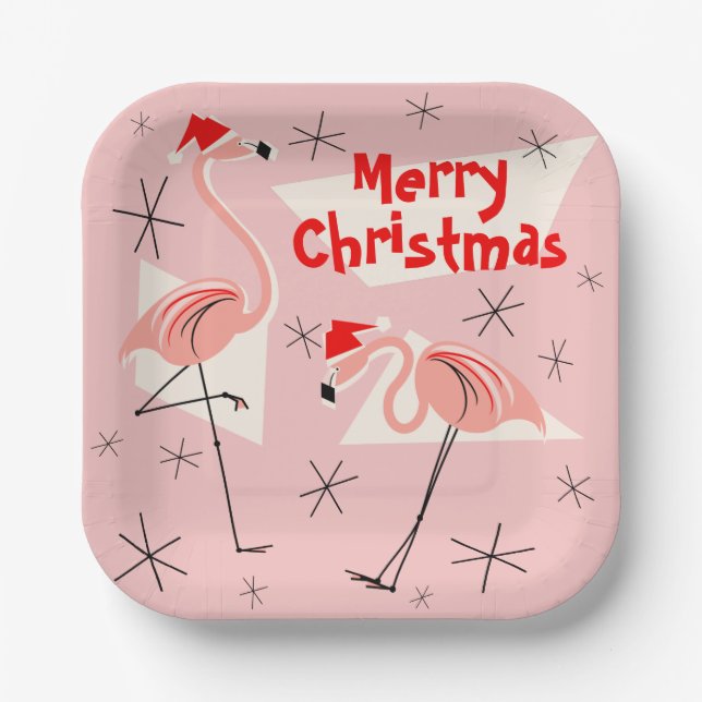 Flamingo Santas Pink Merry Christmas square Paper Plate (Front)