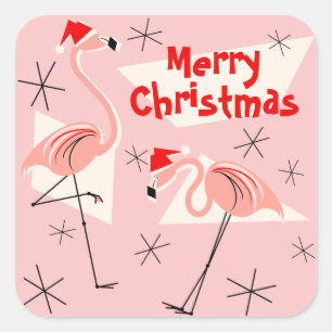 Flamingo Santas Pink Merry Christmas square Square Sticker