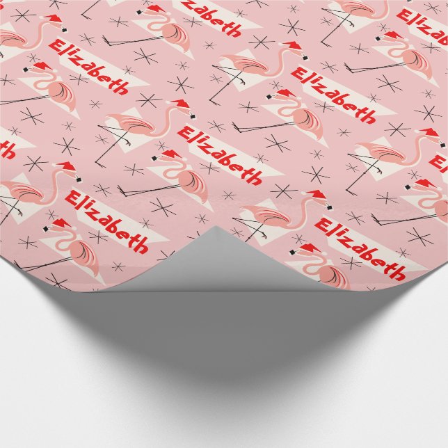 Flamingo Santas Pink Name wrapping paper (Corner)
