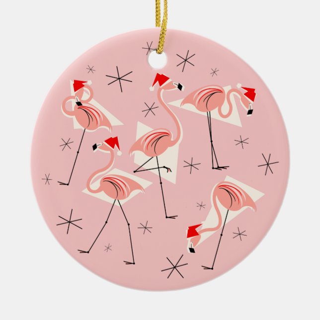 Flamingo Santas Pink Text ornament round (Front)