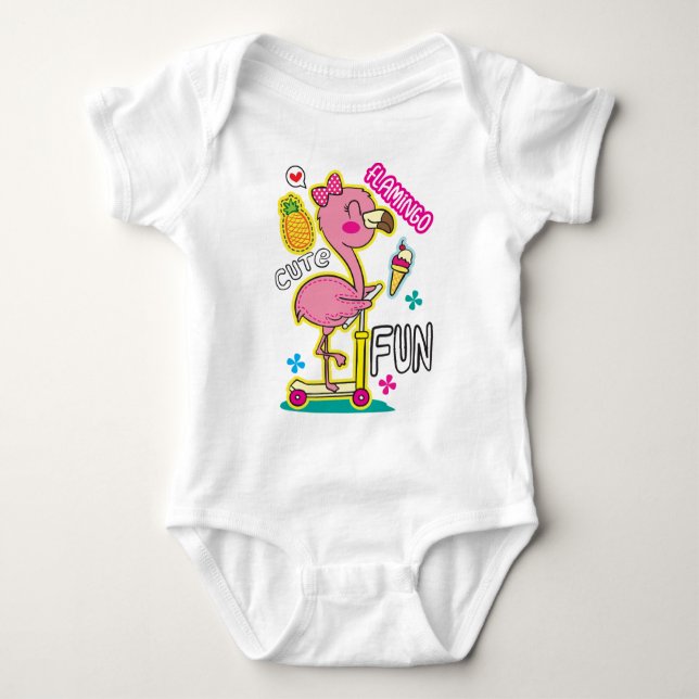 Flamingo scooter  baby bodysuit (Front)
